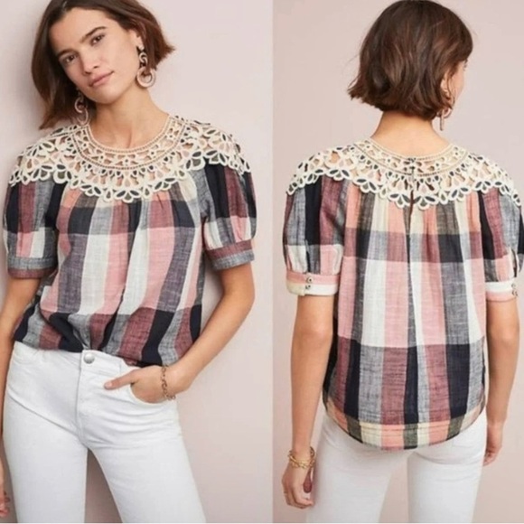 Anthropologie Tops - NWT Anthropologie Pink & Navy Crochet Plaid Blouse
